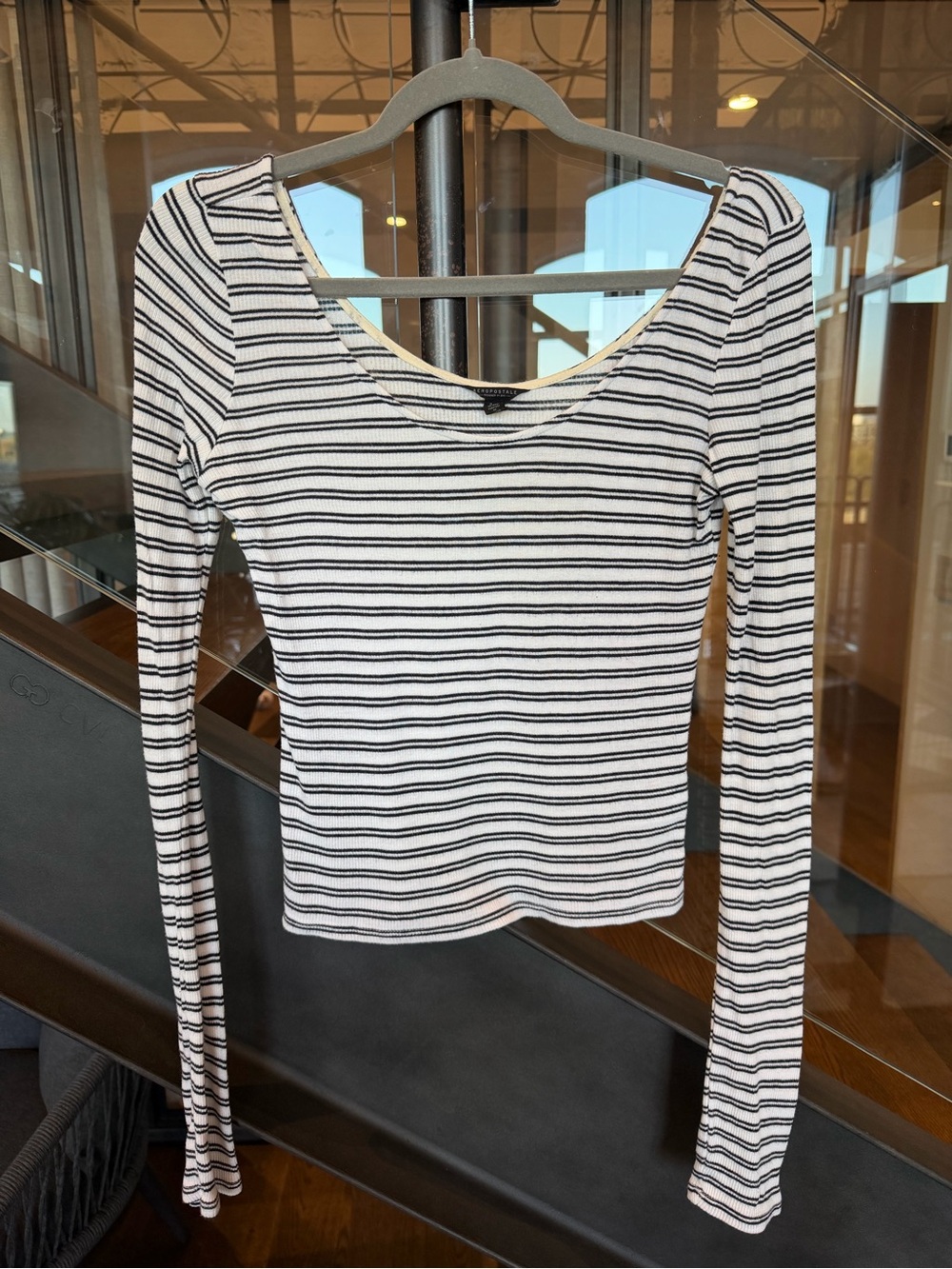 Aeropostale White and Black Striped Long-Sleeve Scoop Neck Top